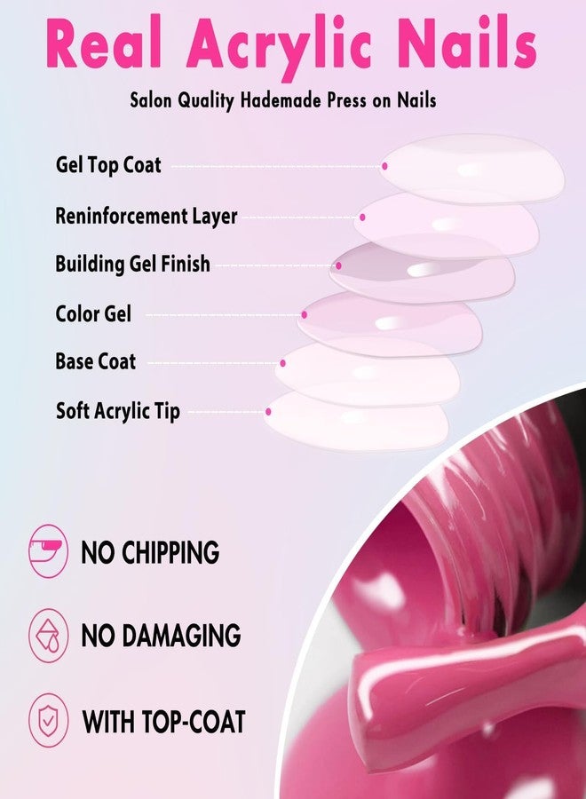 KXAMELIE Gradient Pink Press on Nails Almond Shape Medium Length - Neutral Acrylic Fake Nails for Women, Glue on Stiletto False Nails, Ombre Pink Gel Artificial Nails - Image 5